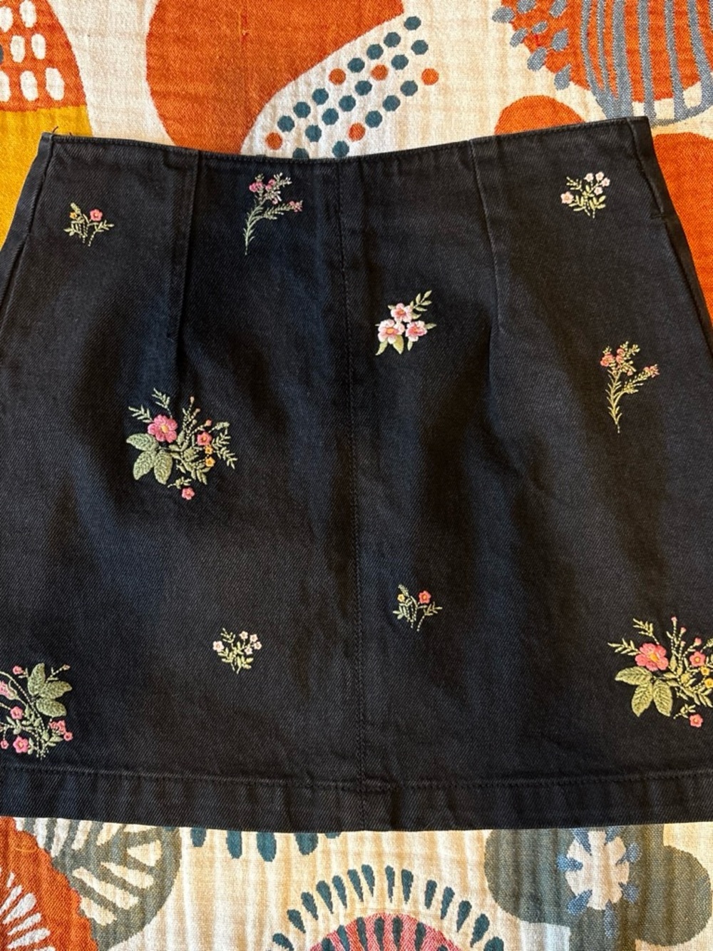 Topshop Black A-Line denim Skirt with Pink & Green Floral Embroidery